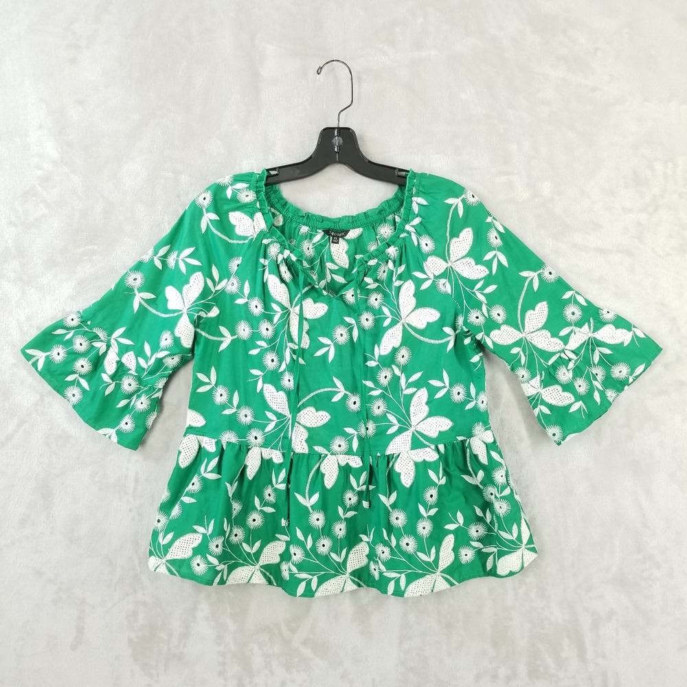 John Mark Blouse Women PS Green Embroidered 100% Cotton Peasant Eyelet Peplum